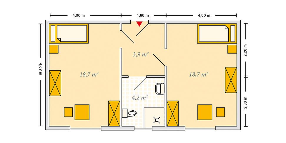 Pflegeheim Torgelow Haus Waldsiedlung mit Beispielgrundriss Doppelzimmer.