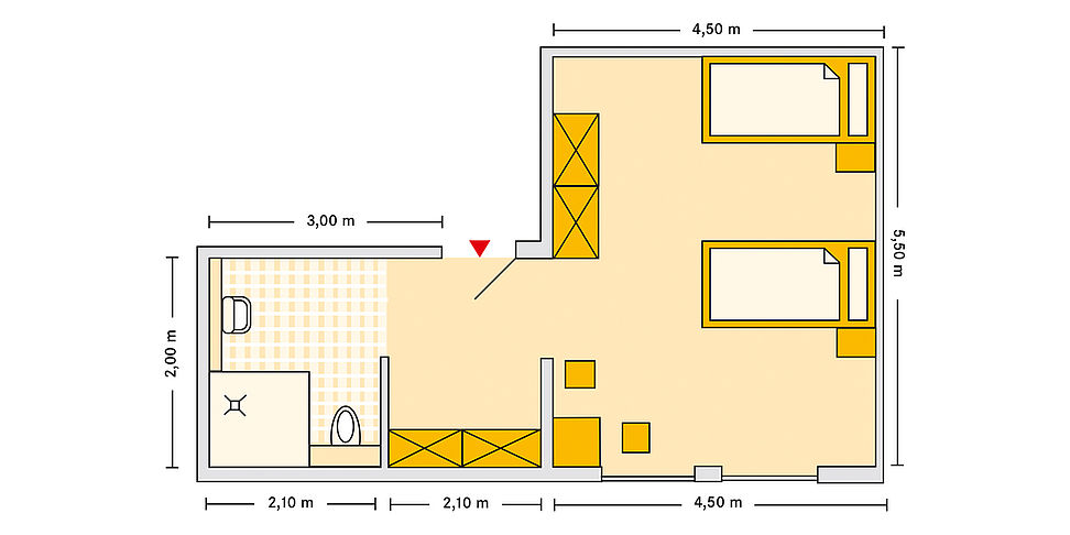 Pflegeheim Weiden mit Beispielgrundriss Doppelzimmer.