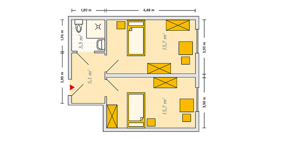 Pflegeheim Torgelow Haus Waldsiedlung mit Beispielgrundriss Einzelzimmer.