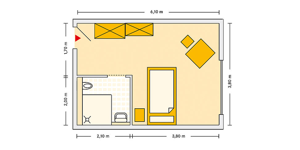 Pflegeheim Dachau mit Beispielgrundriss Einzelzimmer.