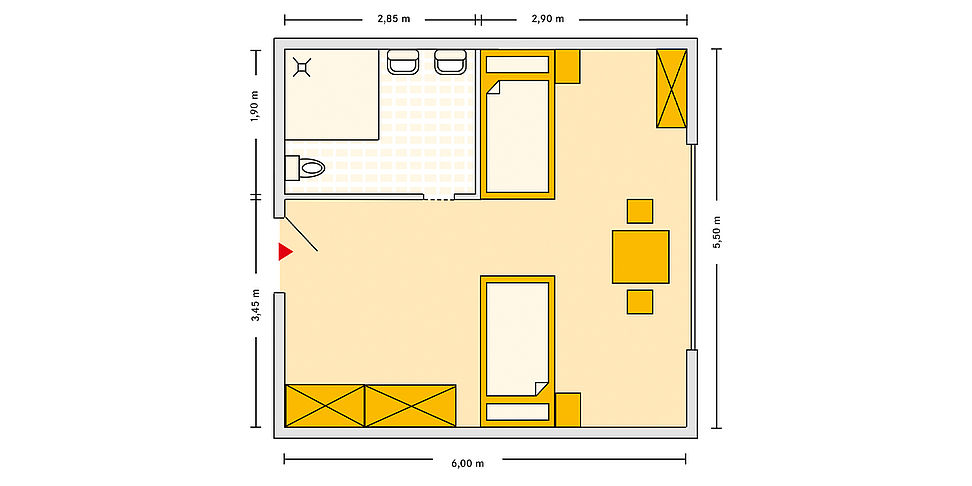 Pflegeheim Schneeberg mit Beispielgrundriss Doppelzimmer